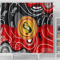 Multicolor abstract kangaroo shower curtain with dot-art detailing and red-black design
