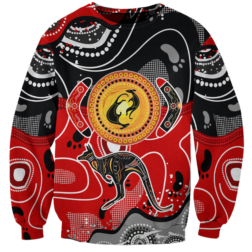 Unisex kangaroo graphic sweatshirt, black red multicolor dot art, long sleeves