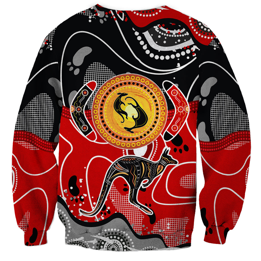 Unisex kangaroo graphic sweatshirt with circular emblem, black red multicolor, long sleeves