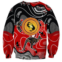 Unisex kangaroo graphic sweatshirt with circular emblem, black red multicolor, long sleeves