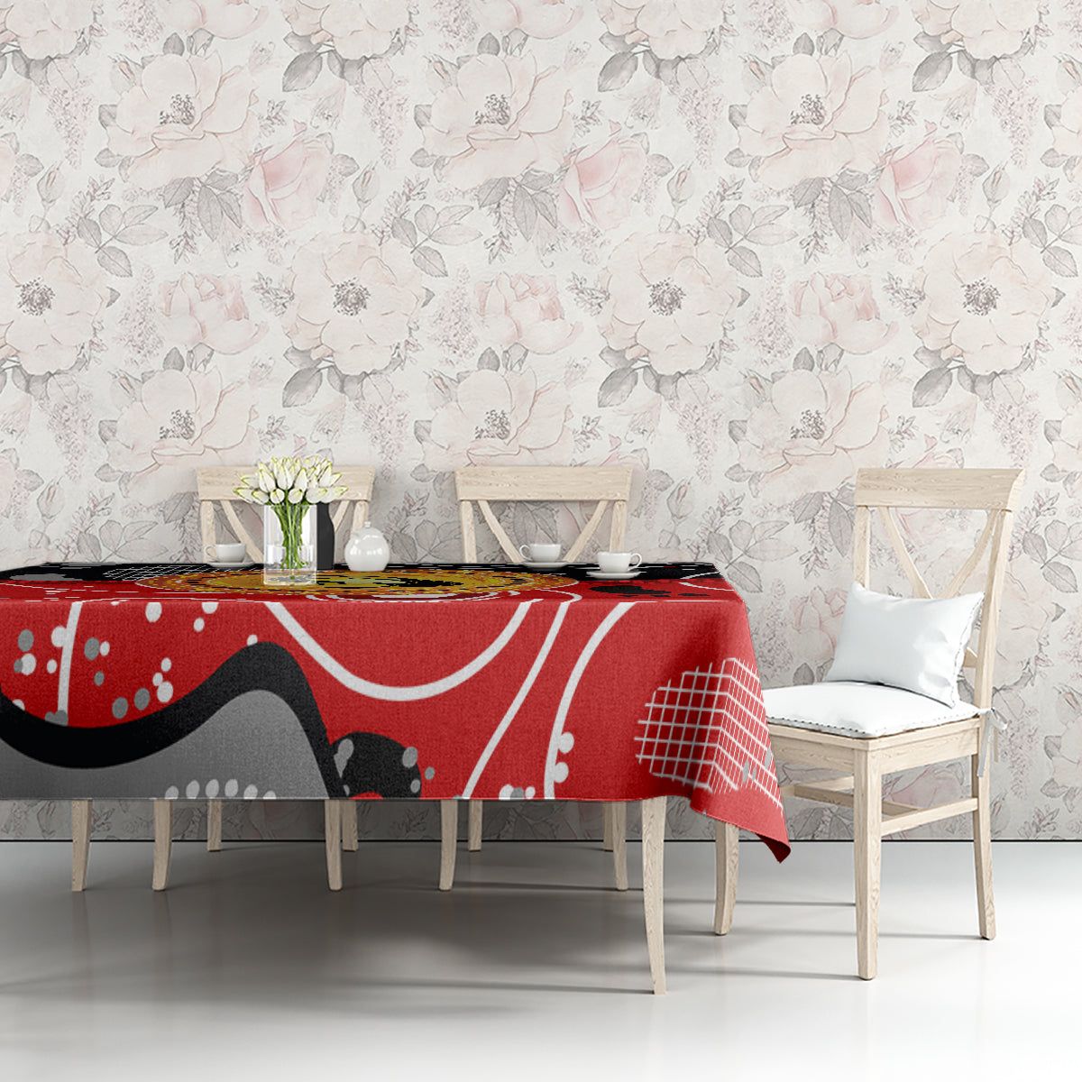 Multicolor abstract tablecloth in red and black with white grid dot-art motif