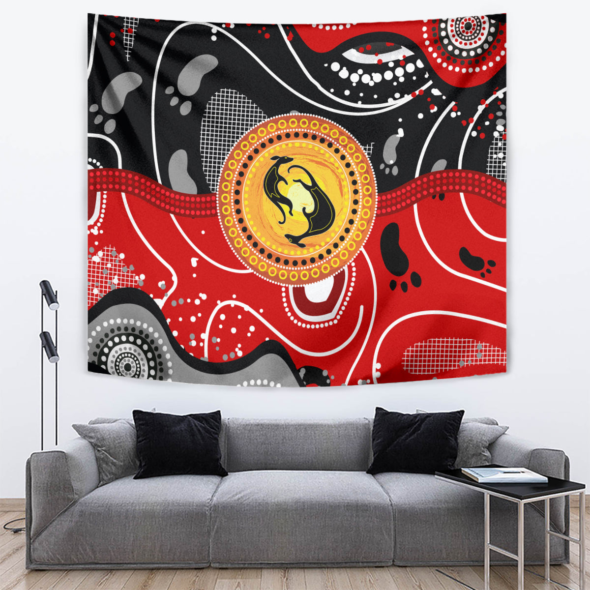 Multicolor Aboriginal-style dot art tapestry with kangaroo silhouette and circular emblem