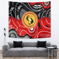 Multicolor Aboriginal-style dot art tapestry with kangaroo silhouette and circular emblem