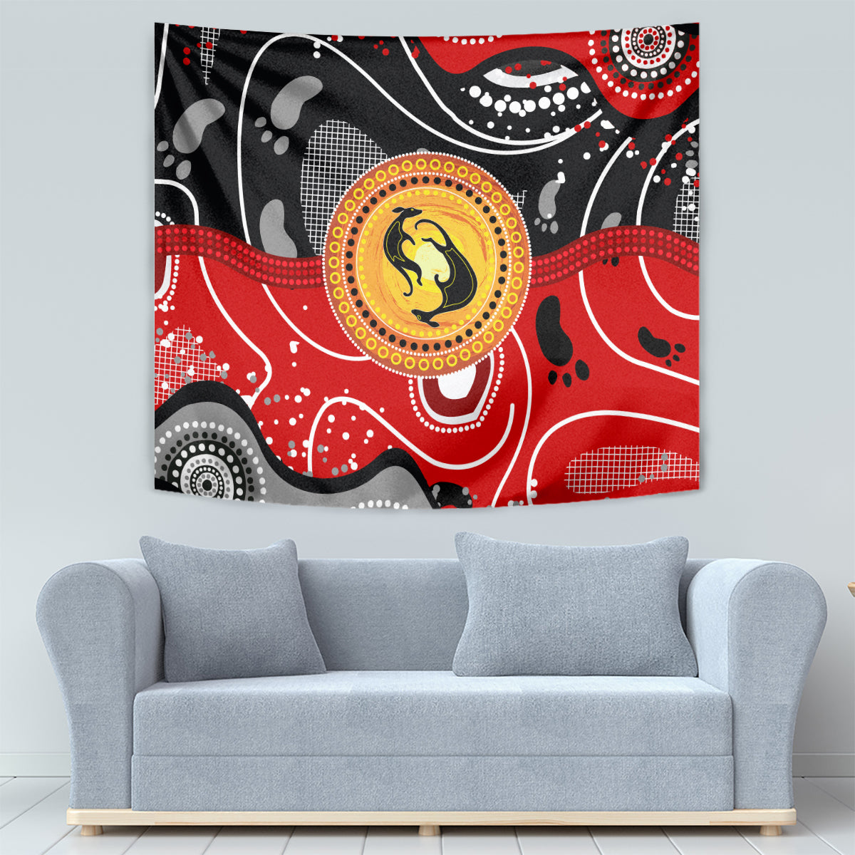 Multicolor Aboriginal-style tapestry featuring a kangaroo silhouette within a gold-ring emblem