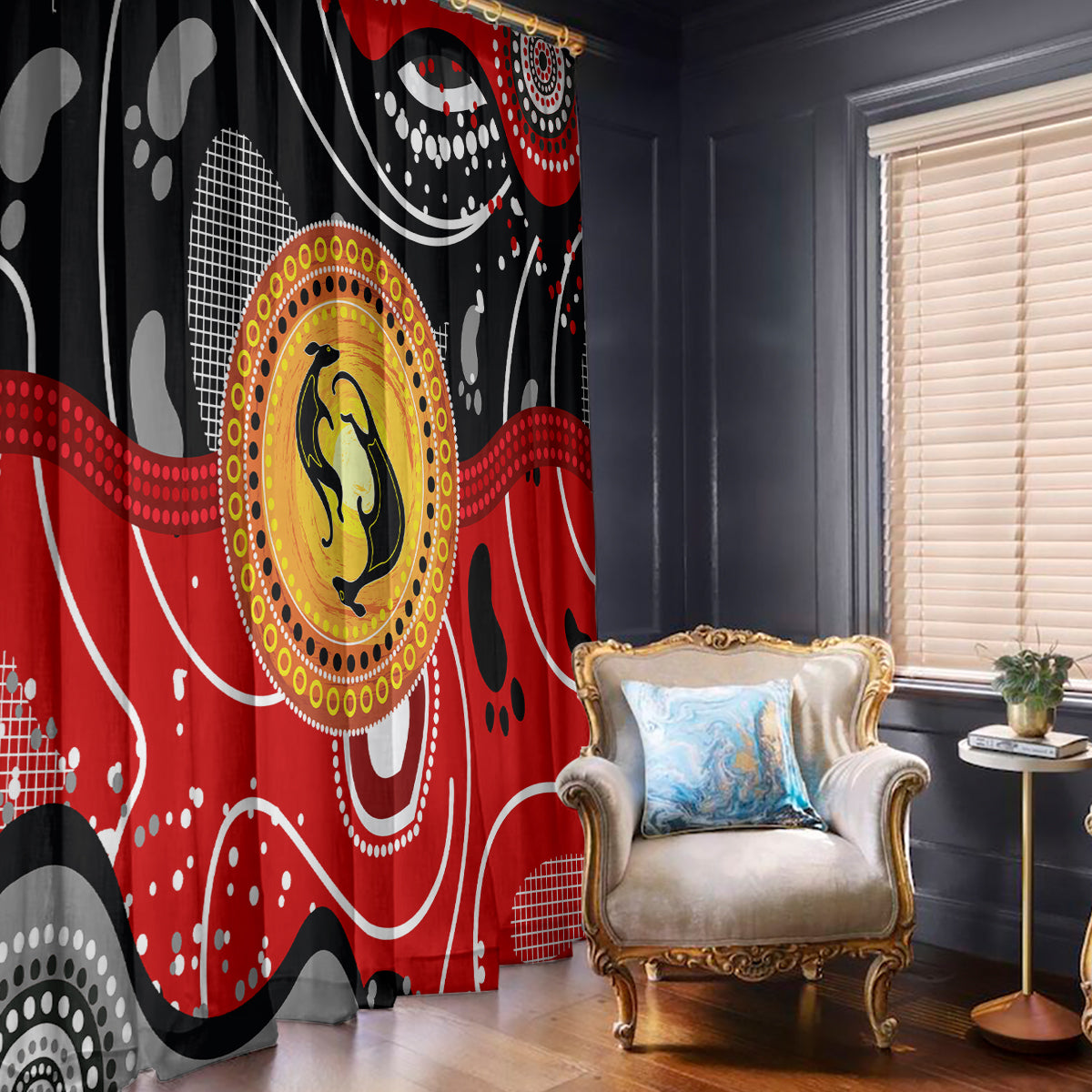 Hanging window curtain panel in red and black with yellow circular kangaroo dot design