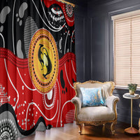 Hanging window curtain panel in red and black with yellow circular kangaroo dot design