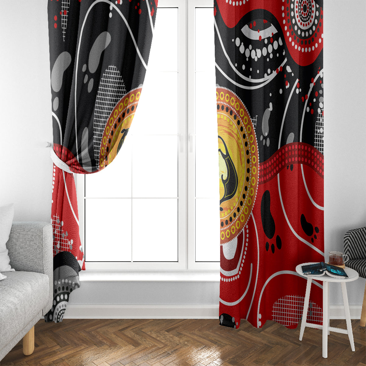 Window curtain with red and black abstract dot art, featuring a yellow circular kangaroo design