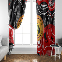 Window curtain with red and black abstract dot art, featuring a yellow circular kangaroo design