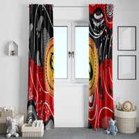 Two hanging window curtain panels in red and black with yellow circular kangaroo dot artwork