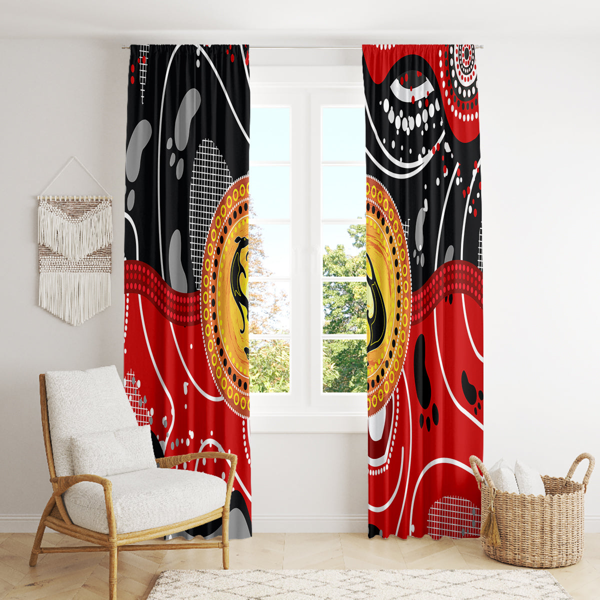 Tall window curtain panels in red, black, and yellow with abstract dot art kangaroo pattern
