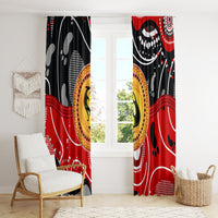 Tall window curtain panels in red, black, and yellow with abstract dot art kangaroo pattern