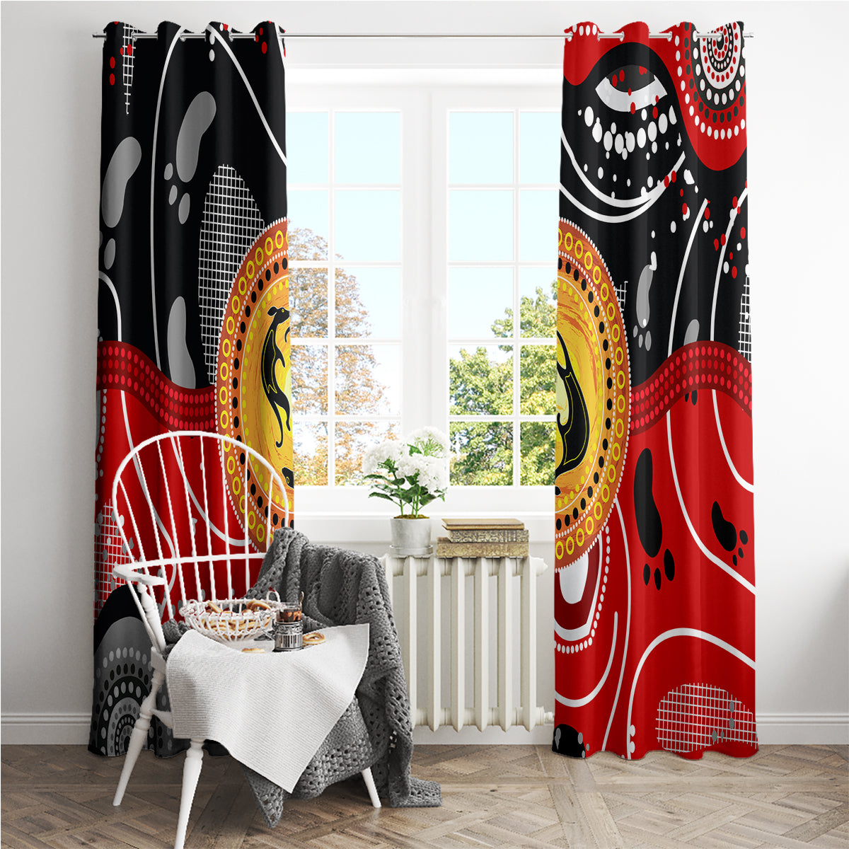 Hanging window curtain panels with red and black wave details and central yellow kangaroo circle