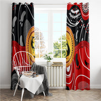 Hanging window curtain panels with red and black wave details and central yellow kangaroo circle