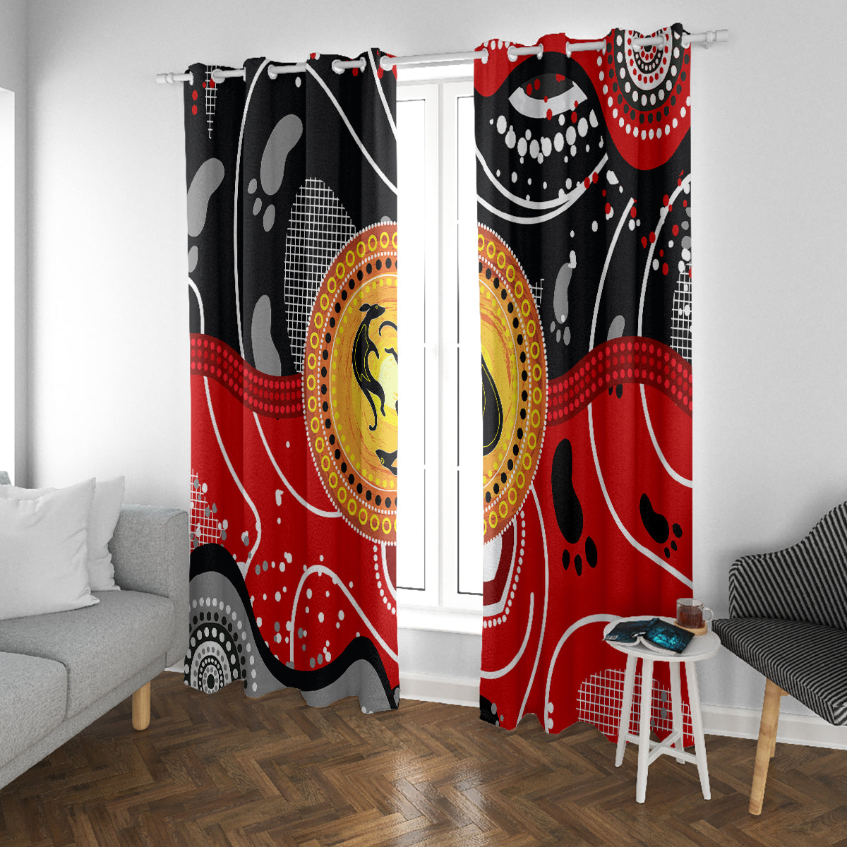 Window curtain set with red and black abstract dot art and yellow circular kangaroo motif
