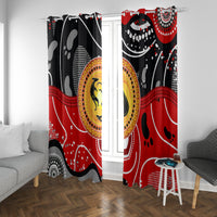 Window curtain set with red and black abstract dot art and yellow circular kangaroo motif