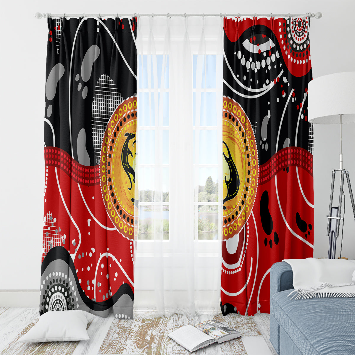 Red and black window curtain panels with white dot accents and yellow circular kangaroo artwork