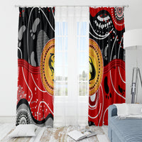 Red and black window curtain panels with white dot accents and yellow circular kangaroo artwork