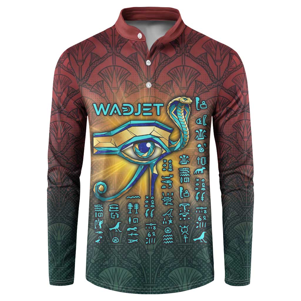 Egyptian Wadjet Winged Cobra Button Sweatshirt with Eye of Horus in Fiery Royal Protector Theme