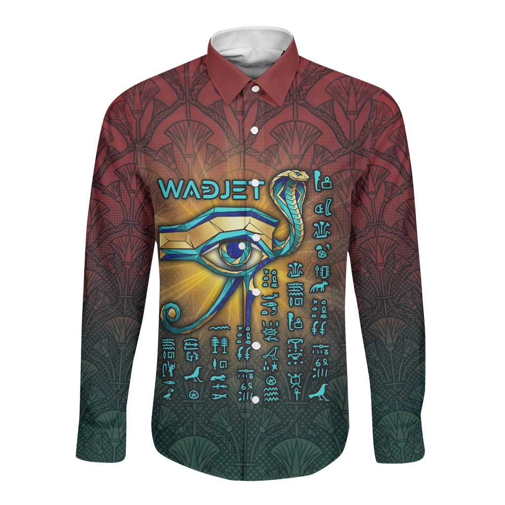 Egyptian Wadjet Winged Cobra Long Sleeve Button Shirt with Eye of Horus in Fiery Royal Protector Theme