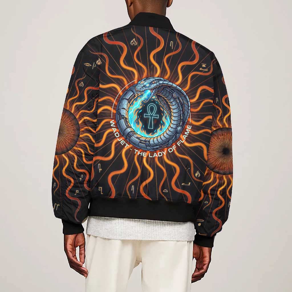 Wadjet Fiery Serpent Bomber Jacket Egyptian Ankh Symbol in Dark Flame Protector Theme