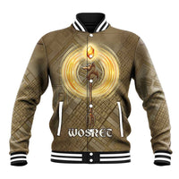 Wosret Egyptian Baseball Jacket with Golden Scepter and Archer Motif in Ancient Protector
