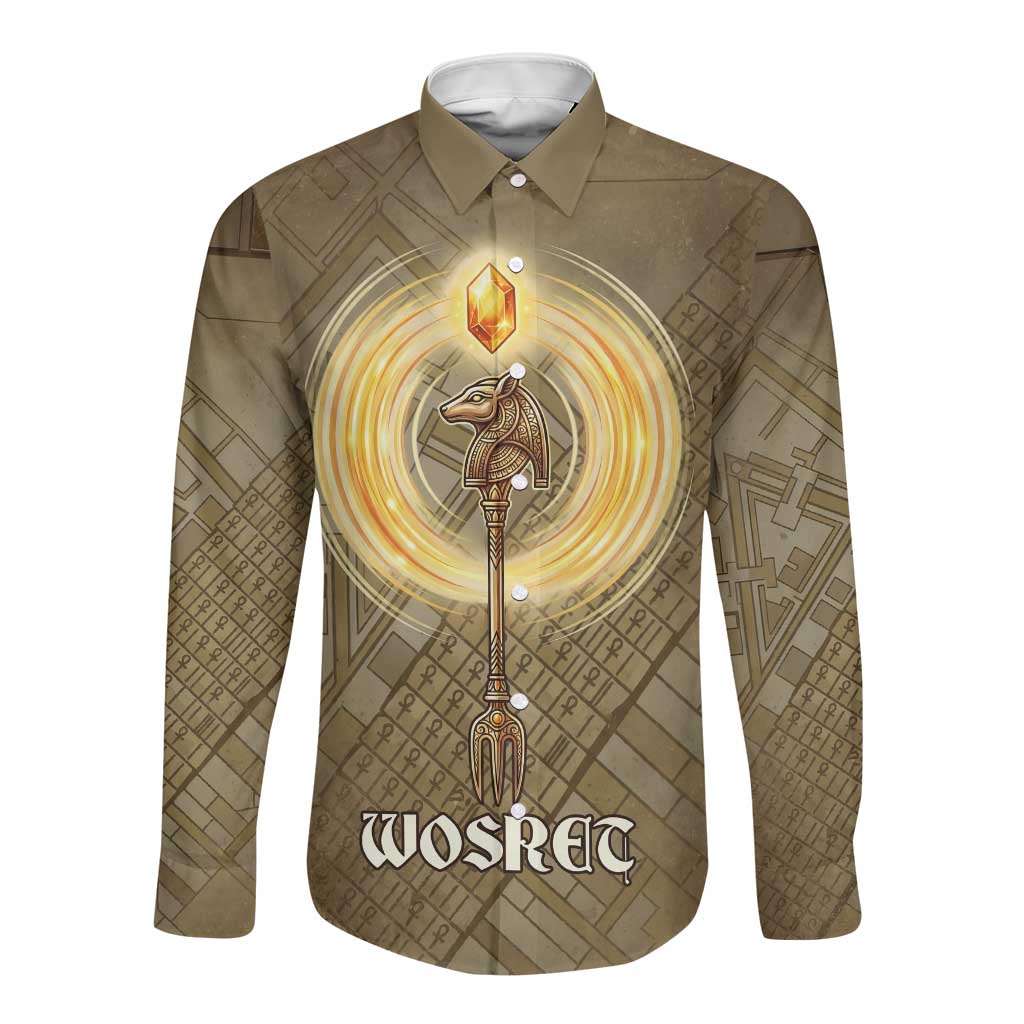 Wosret Egyptian Long Sleeve Button Shirt with Golden Scepter and Archer Motif in Ancient Protector