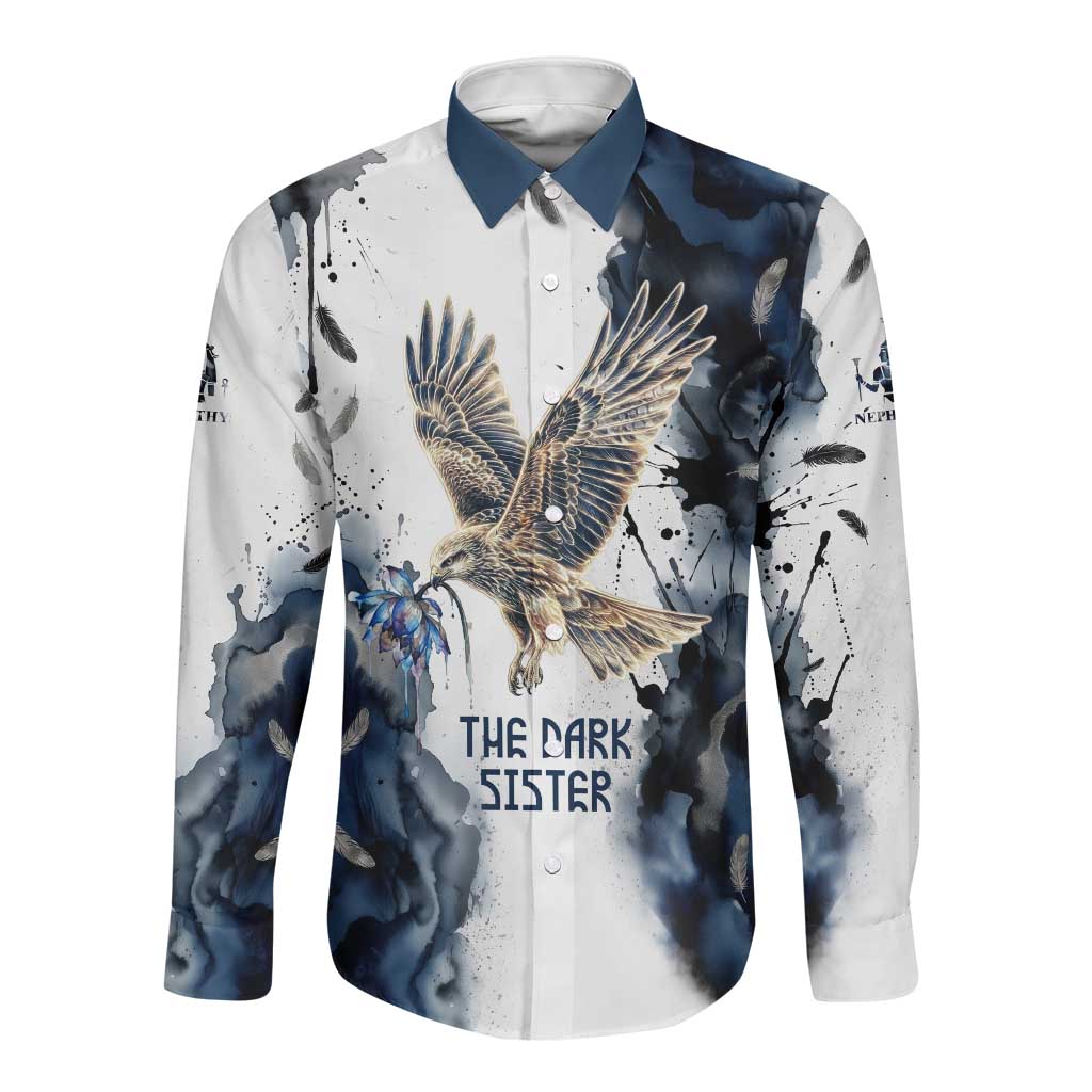Nephthys Egyptian Long Sleeve Button Shirt The Dark Sister Falcon Wings Moon Veil