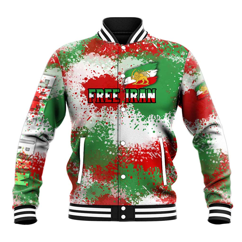 Free Iran Baseball Jacket Lion and Sun Emblem Grunge Paint Splash Style