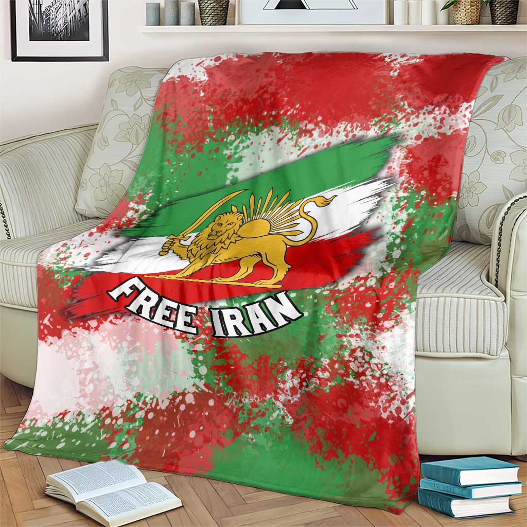Free Iran Blanket Lion and Sun Emblem Grunge Paint Splash Style