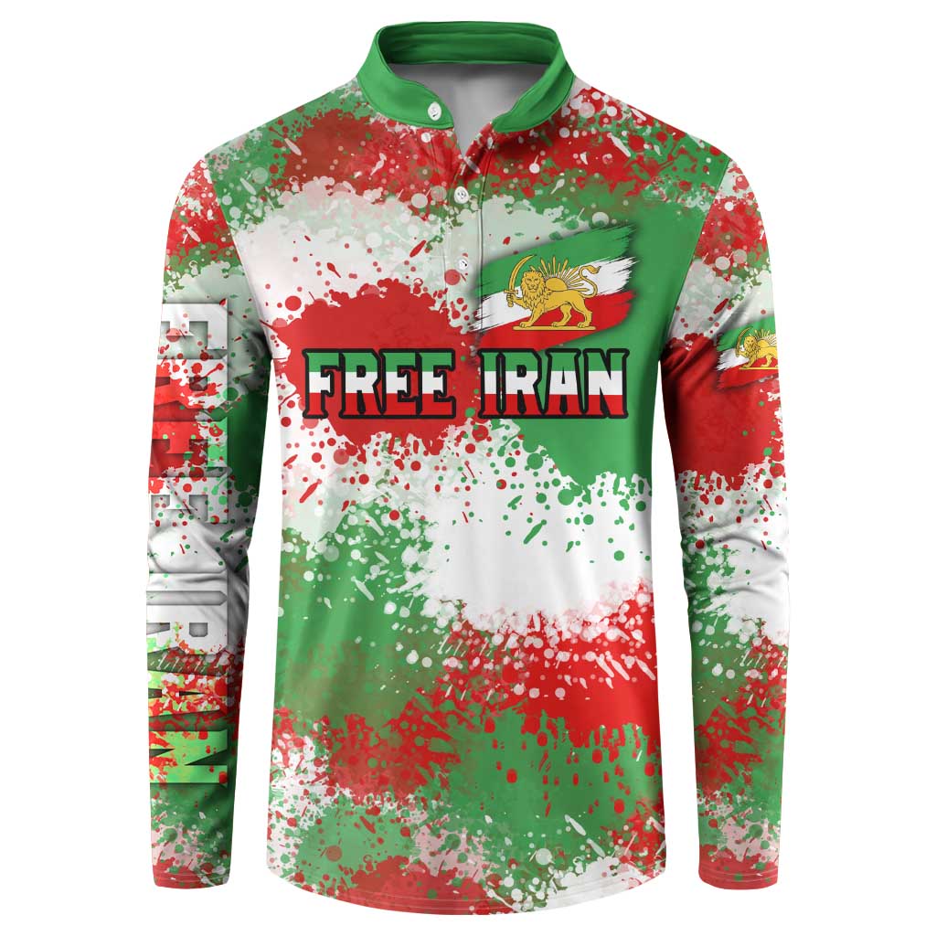 Free Iran Button Sweatshirt Lion and Sun Emblem Grunge Paint Splash Style