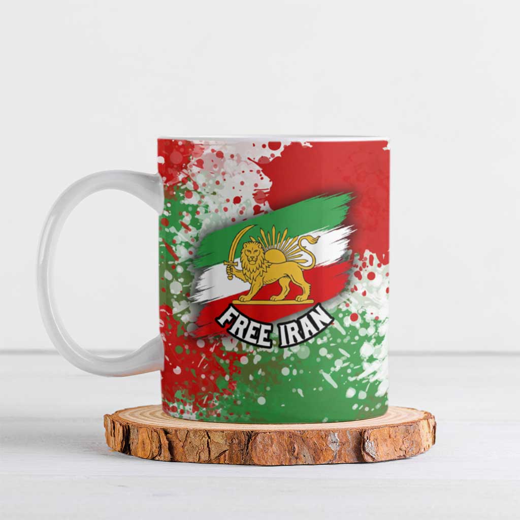 Free Iran Ceramic Mug Lion and Sun Emblem Grunge Paint Splash Style