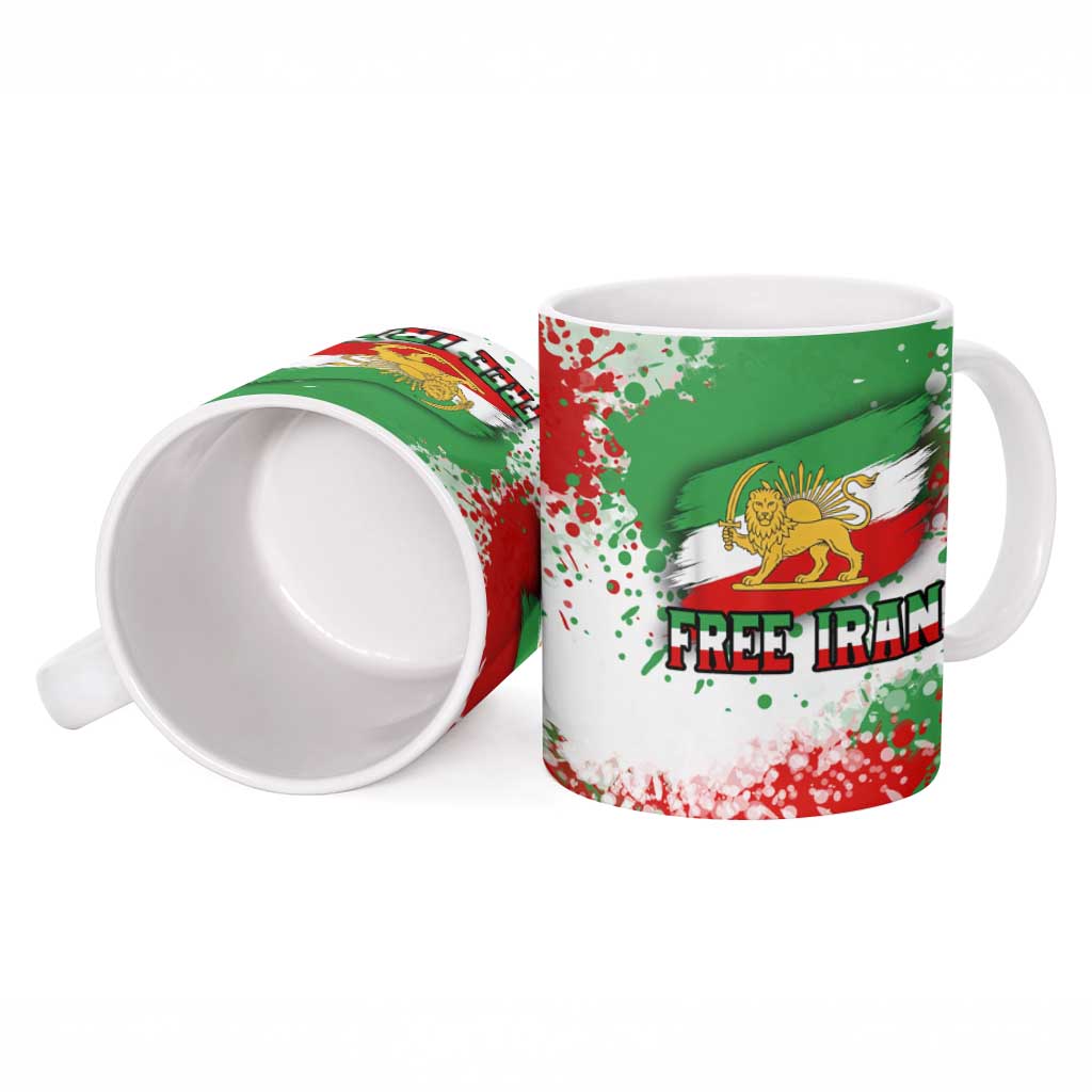 Free Iran Ceramic Mug Lion and Sun Emblem Grunge Paint Splash Style