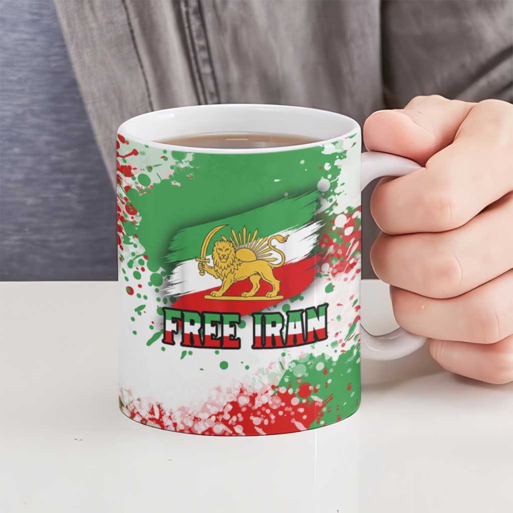Free Iran Ceramic Mug Lion and Sun Emblem Grunge Paint Splash Style