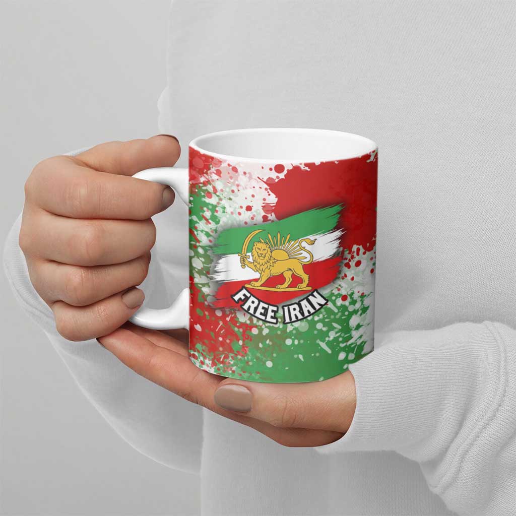 Free Iran Ceramic Mug Lion and Sun Emblem Grunge Paint Splash Style