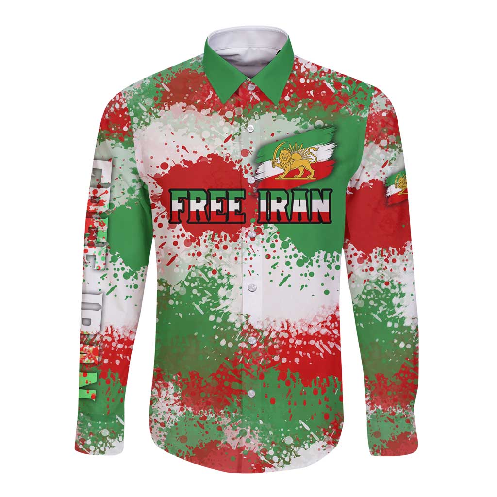 Free Iran Long Sleeve Button Shirt Lion and Sun Emblem Grunge Paint Splash Style
