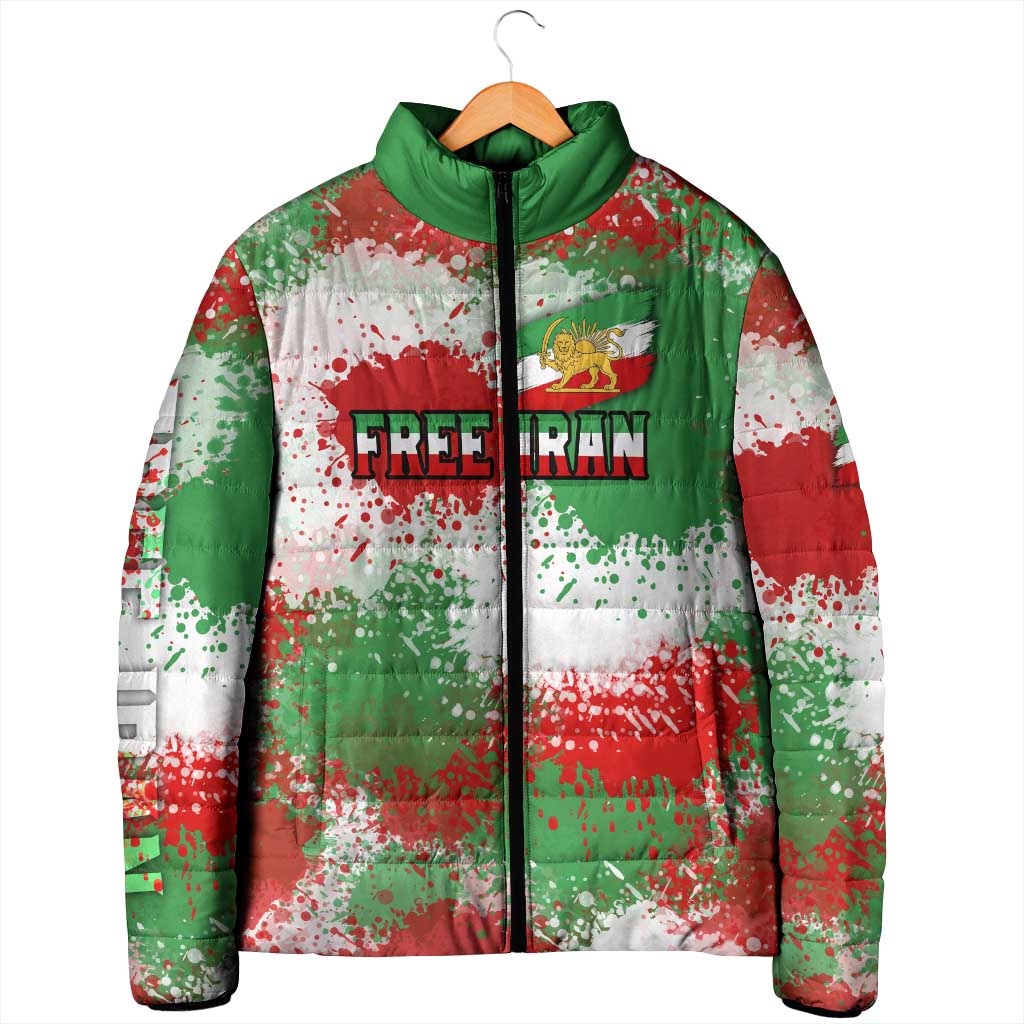 Free Iran Padded Jacket Lion and Sun Emblem Grunge Paint Splash Style