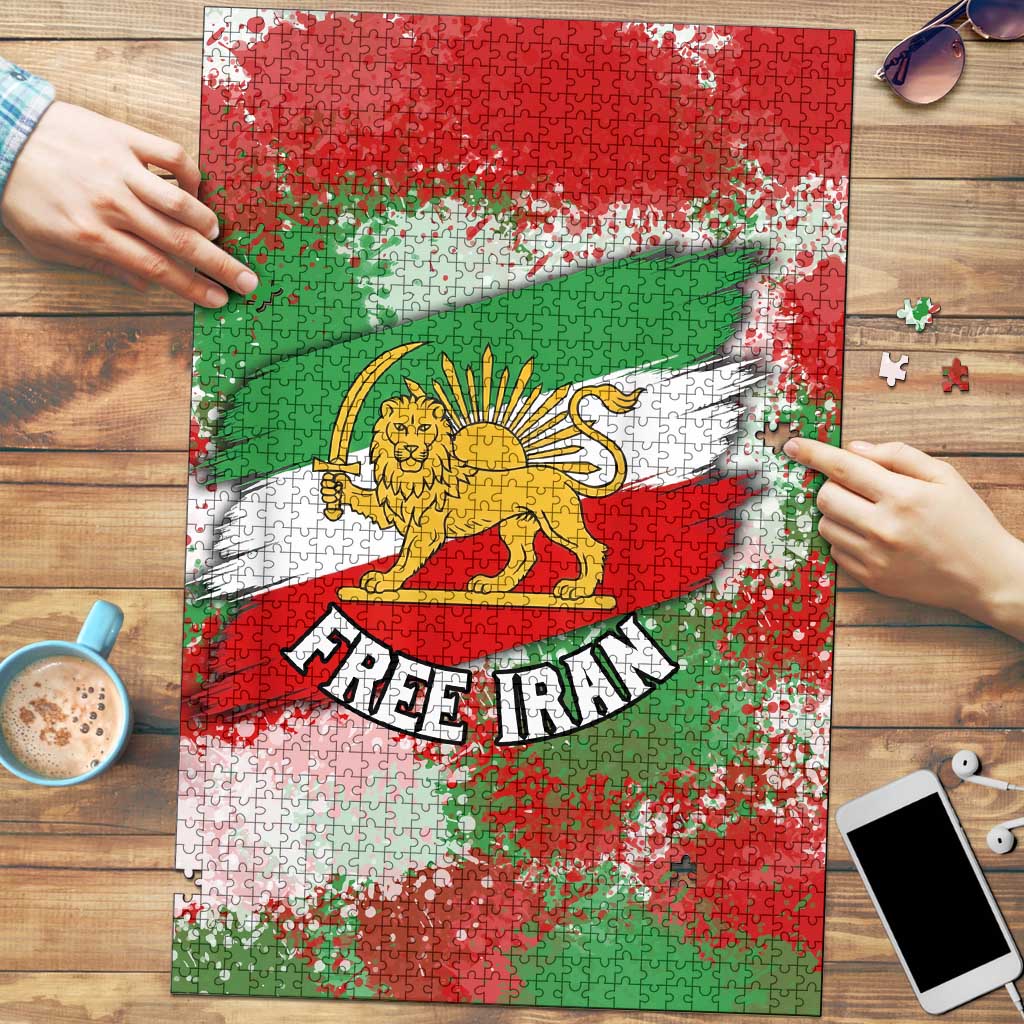Free Iran Puzzle Lion and Sun Emblem Grunge Paint Splash Style