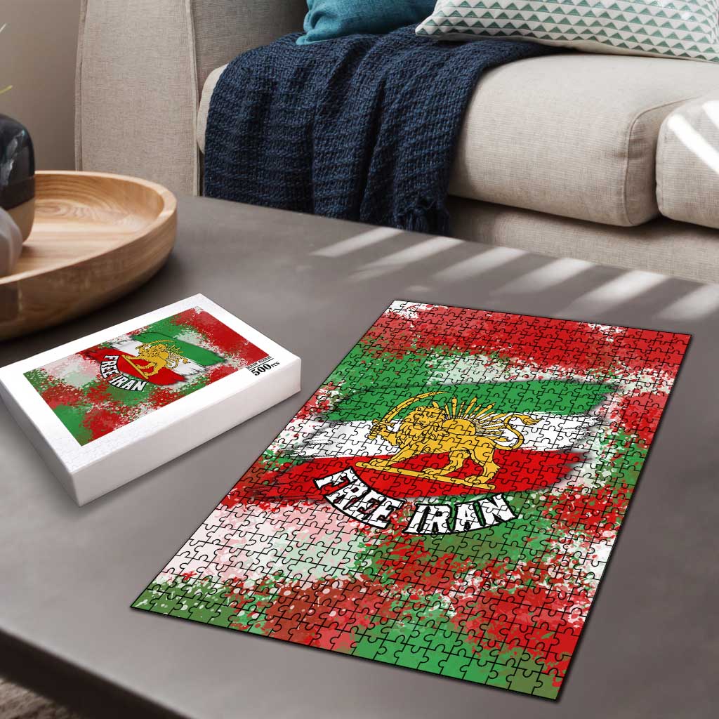 Free Iran Puzzle Lion and Sun Emblem Grunge Paint Splash Style