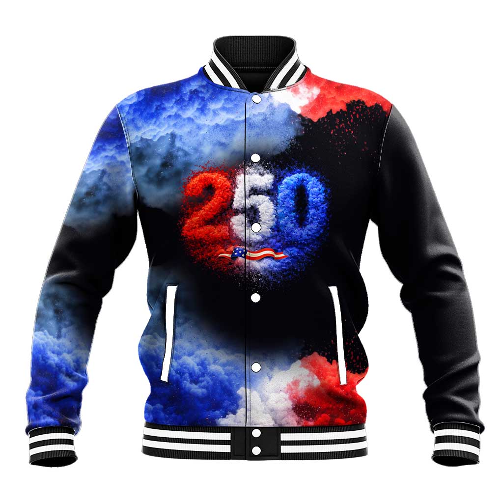 USA 250th Anniversary Celebration Baseball Jacket Patriotic Smoke Burst Art Style