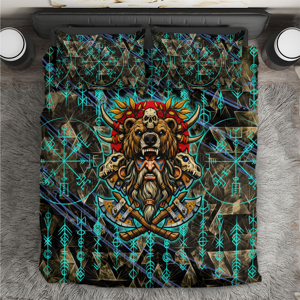 Viking Berserker Bear Warrior Bedding Set Norse Mythology Rune Sigil Illustration