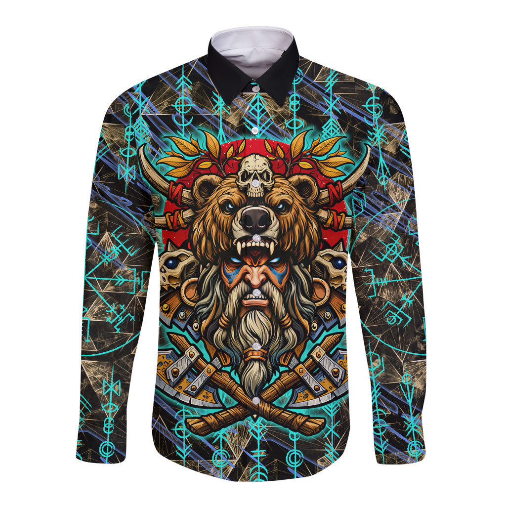 Viking Berserker Bear Warrior Long Sleeve Button Shirt Norse Mythology Rune Sigil Illustration