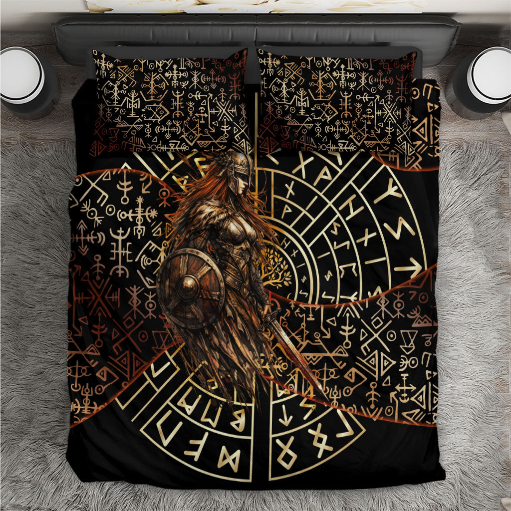 Viking Shieldmaiden and Yggdrasil Bedding Set Norse Rune Circle Mythology Illustration