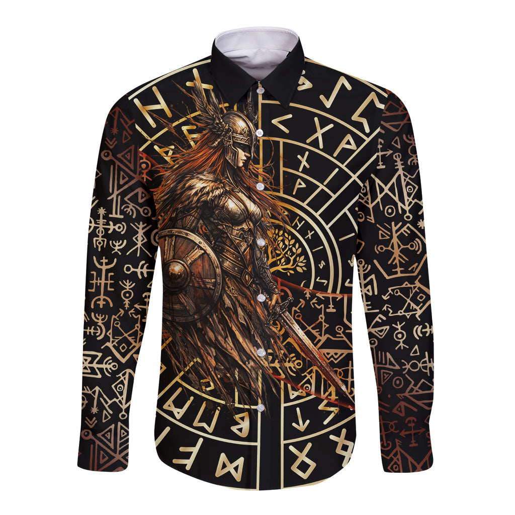 Viking Shieldmaiden and Yggdrasil Long Sleeve Button Shirt Norse Rune Circle Mythology Illustration