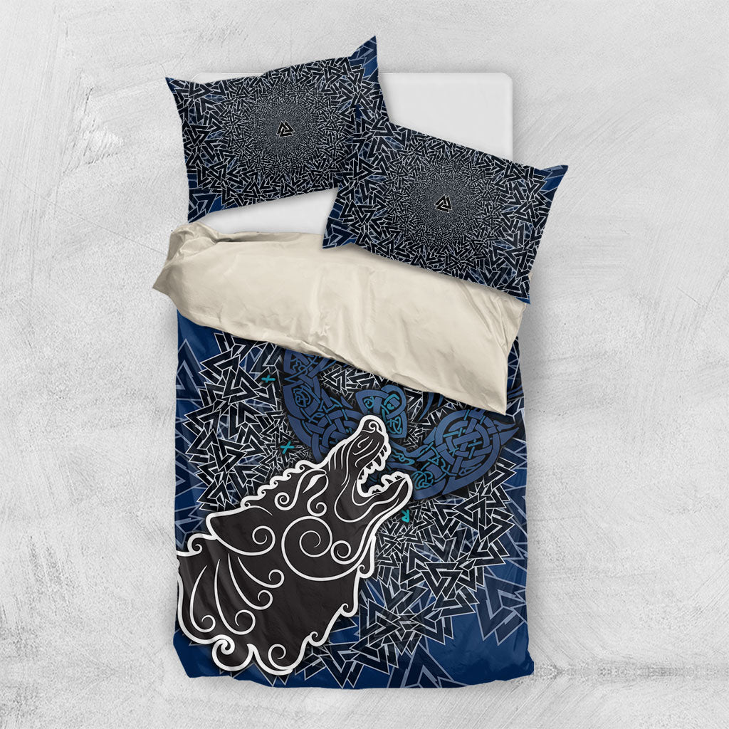 Viking Wolf and Valknut Bedding Set Nordic Knotwork Rune Illustration