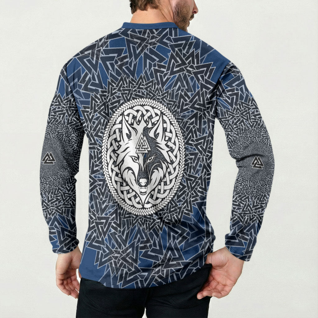 Viking Wolf and Valknut Button Sweatshirt Nordic Knotwork Rune Illustration