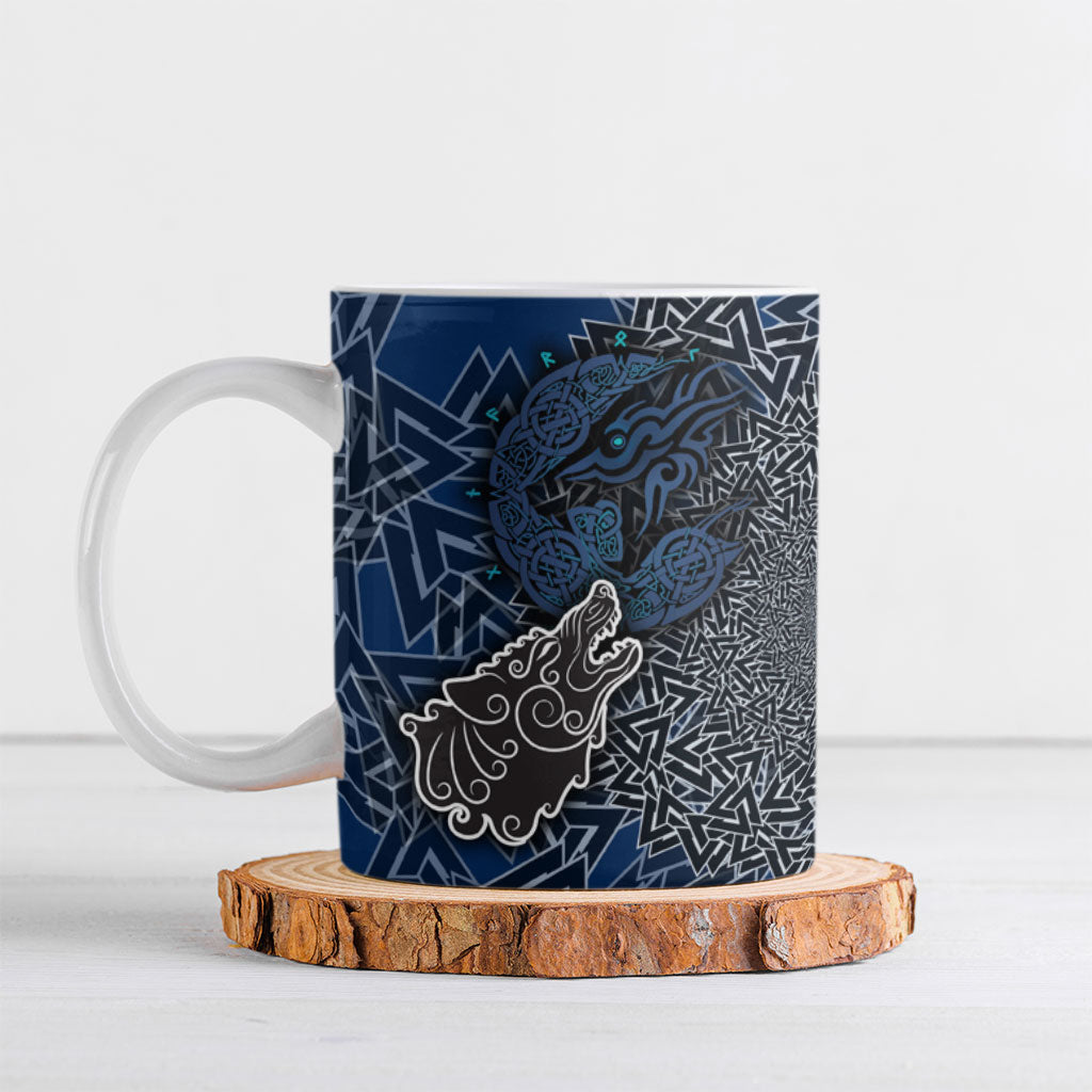 Viking Wolf and Valknut Ceramic Mug Nordic Knotwork Rune Illustration