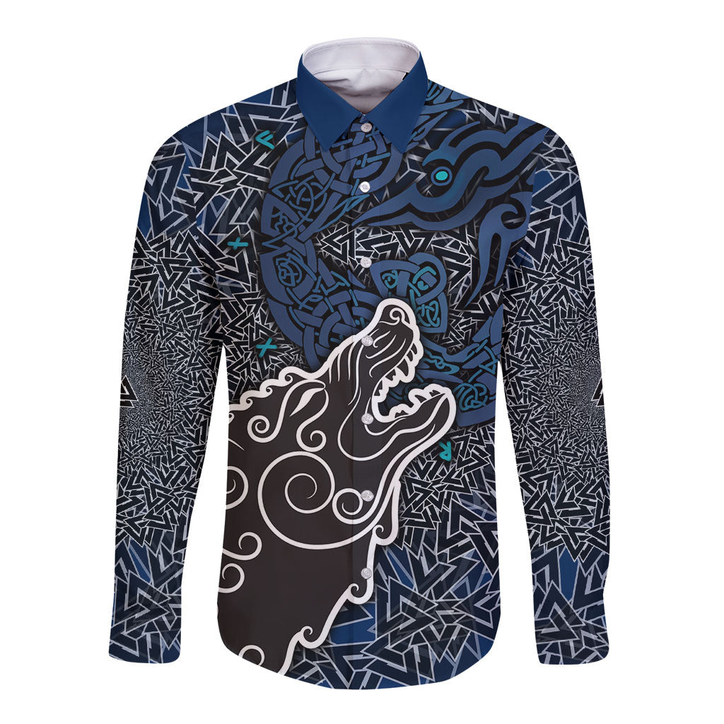 Viking Wolf and Valknut Long Sleeve Button Shirt Nordic Knotwork Rune Illustration