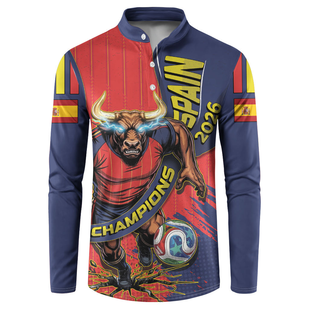 Spain Football 2026 Champions Button Sweatshirt Bull Mascot Illustration In Spanish National Colors Comic Style