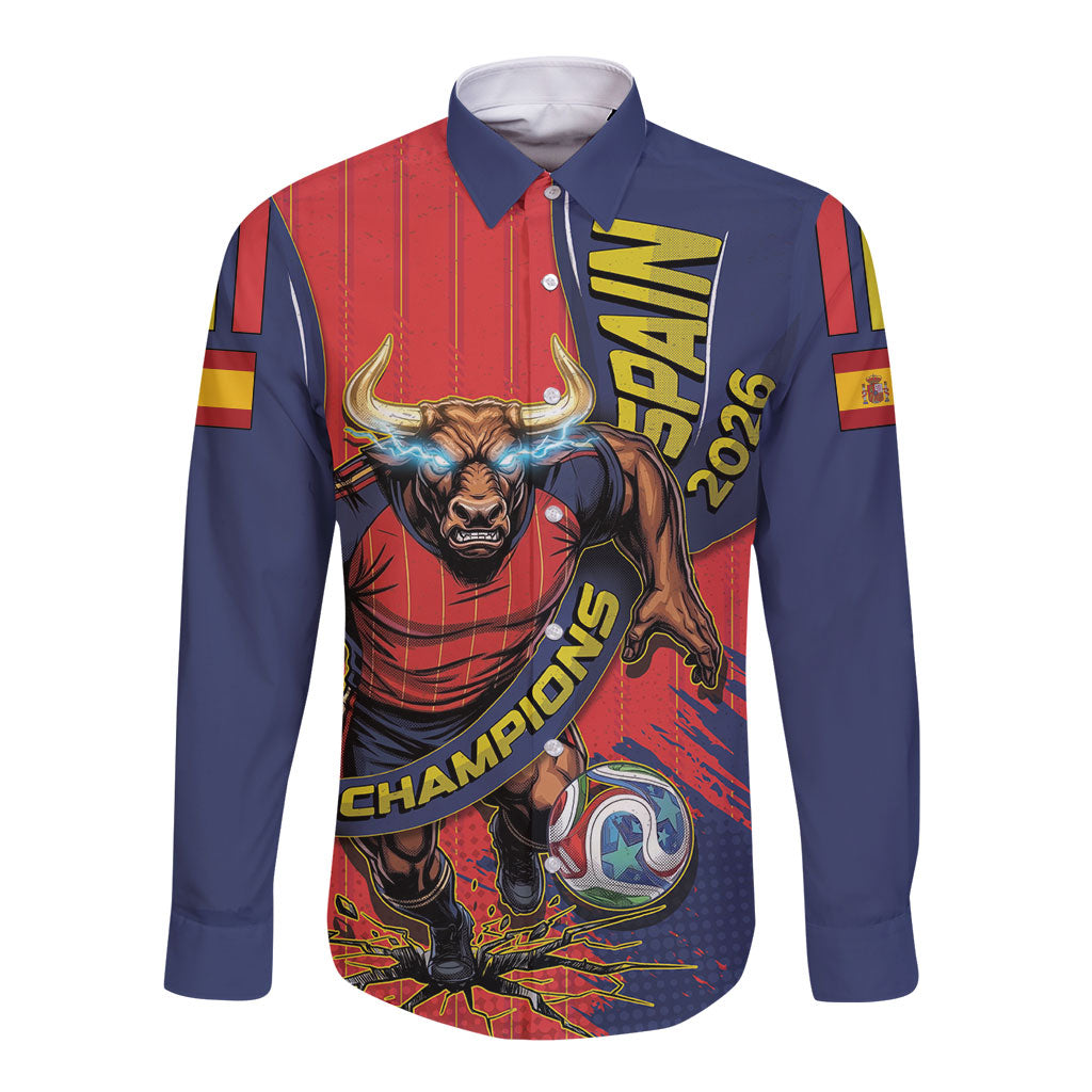 Spain Football 2026 Champions Long Sleeve Button Shirt Bull Mascot Illustration In Spanish National Colors Comic Style