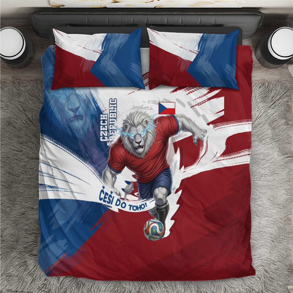 Czech Republic Football Bedding Set Fierce Athletic Lion Graphic In Painted Grunge Flag Style